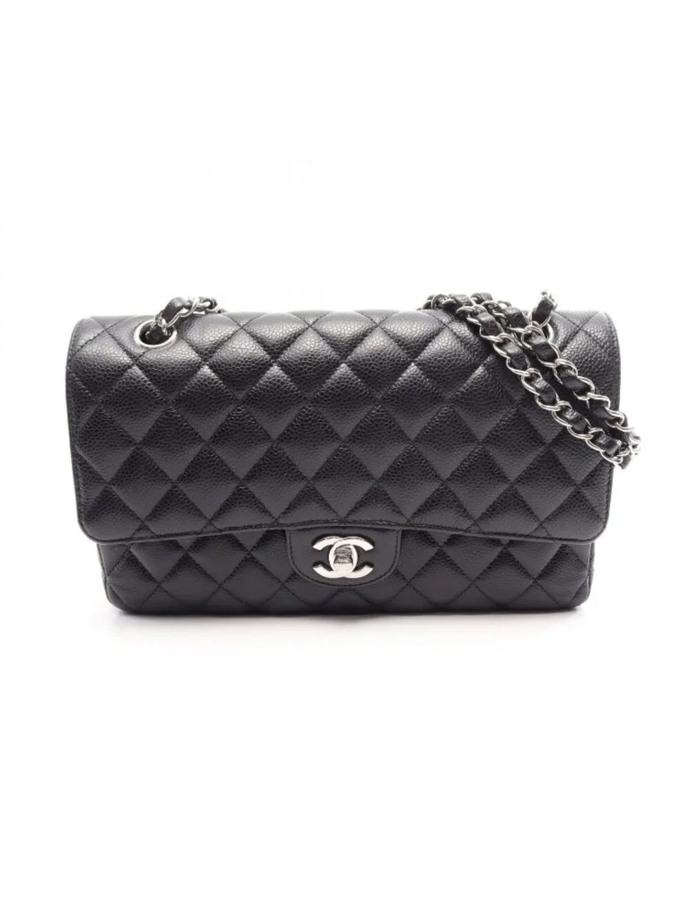 Chanel Shoulder Bag Quilted Double Flap Black Caviar Leather Chain